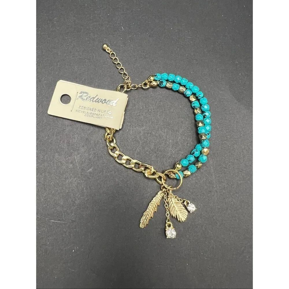 New! Redwood Faux Turquoise Gold Tone Bead Chain Bracelet with Feather Charms